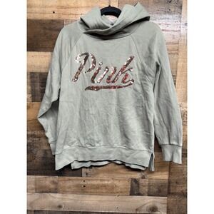 Victoria's Secret PINK Sequin Logo Hoodie Sage Green Fleece Sweatshirt Womens M
